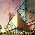 Modern Shopping Mall Lobby Entrance With Glass Facade Brand Stores And Sunset Sky