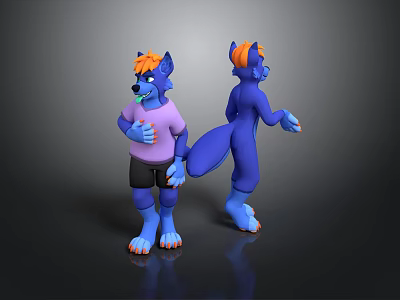 3D Blue Anthropomorphic Character Front Back Views Orange Hair Pink T Shirt Black Shorts 3d model