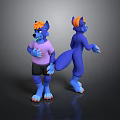 3D Blue Anthropomorphic Character Front Back Views Orange Hair Pink T Shirt Black Shorts