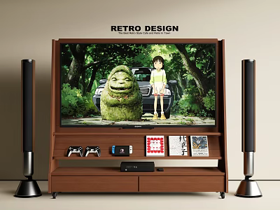 Retro Design TV With Wooden Stand Game Controllers Console And Game Cartridges 3d model