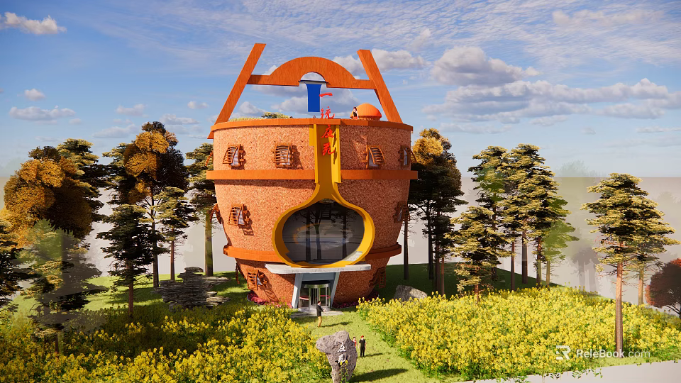 Unique Round Red Brick Guesthouse Building With Trees And Flower Field 3d model 
