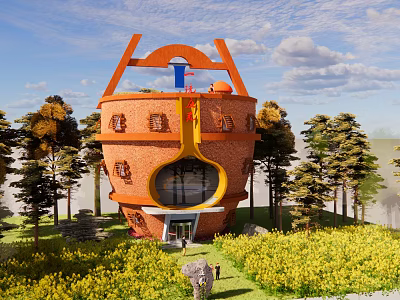 Unique Round Red Brick Guesthouse Building With Trees And Flower Field 3d model
