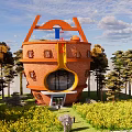 Unique Round Red Brick Guesthouse Building With Trees And Flower Field