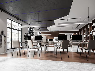 Modern Public Office Space With Wooden Floors Large Windows Desks Chairs And Bookshelves 3d model