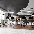 Modern Public Office Space With Wooden Floors Large Windows Desks Chairs And Bookshelves