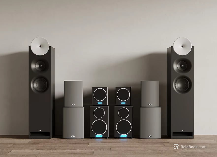 Modern Black Gray Audio Speakers System With Tall Floor And Compact Units On Wooden Floor 3d model 