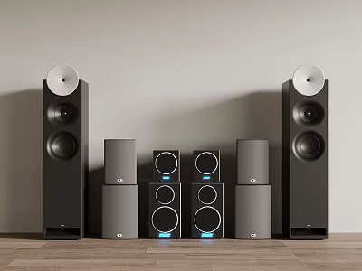 Modern Black Gray Audio Speakers System With Tall Floor And Compact Units On Wooden Floor 3d model