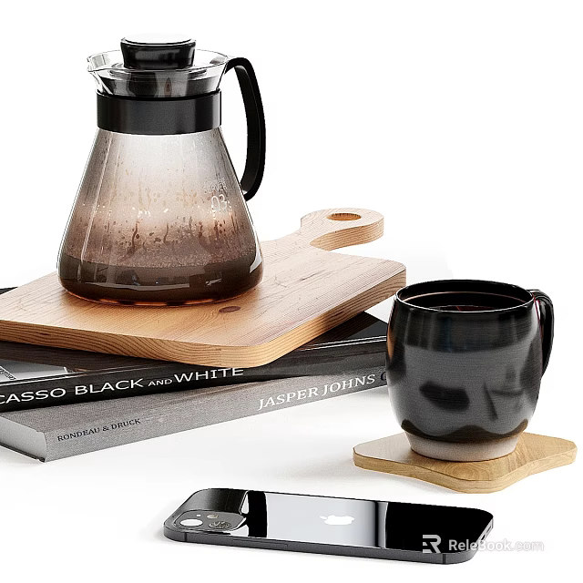Elegant Tea Set With Glass Teapot Black Mug Wooden Tray And Books 3d model 
