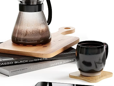 Elegant Tea Set With Glass Teapot Black Mug Wooden Tray And Books 3d model
