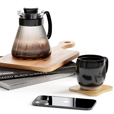 Elegant Tea Set With Glass Teapot Black Mug Wooden Tray And Books 3d model
