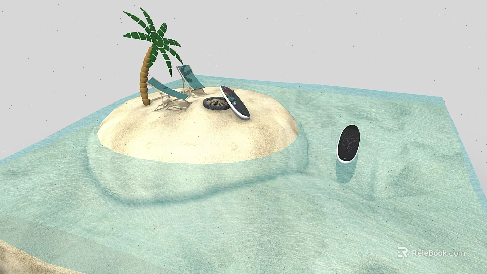 Cartoon Scene With Small Sandy Island Palm Tree Deck Chair Lifebuoy And Water Area 3d model 