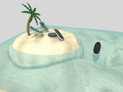Cartoon Scene With Small Sandy Island Palm Tree Deck Chair Lifebuoy And Water Area 3d model