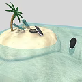 Cartoon Scene With Small Sandy Island Palm Tree Deck Chair Lifebuoy And Water Area