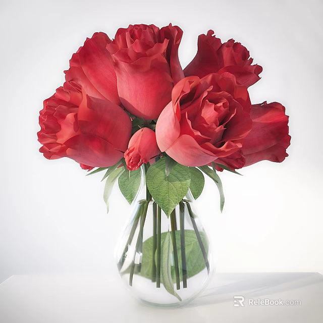 Decorative Ornament Arrangement With Red Roses In Glass Vase And Green Leaves 3d model 