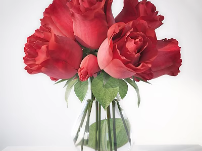Decorative Ornament Arrangement With Red Roses In Glass Vase And Green Leaves 3d model