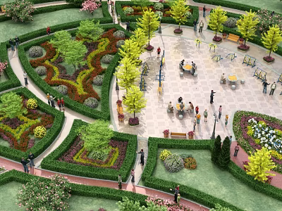 Park Landscape With Well Trimmed Hedges Flower Beds Winding Paths Seating Areas And People Walking 3d model