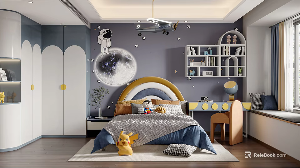 Kids Room Interior With Dark Blue Walls Moon Decor Astronaut Airplane Model And Stuffed Toys 3d model 