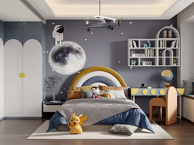 Kids Room Interior With Dark Blue Walls Moon Decor Astronaut Airplane Model And Stuffed Toys 3d model
