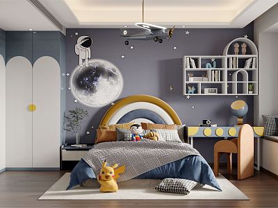 Modern Children's Room Bedroom Desk Dressing Table Wardrobe Chandelier Boys Room Bookcase Simple Blue 3d model