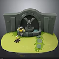 Man holding sword standing near campfire by arch stone gate with eagle sculpture and fountain