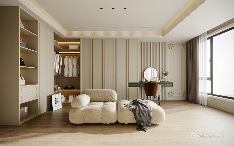 Modern Walk In Closet With Beige Sofa And Vanity Mirror 3d model