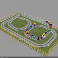 Colorful Carriages Amusement Ride With Curved Track Yellow Fence And Green Grass