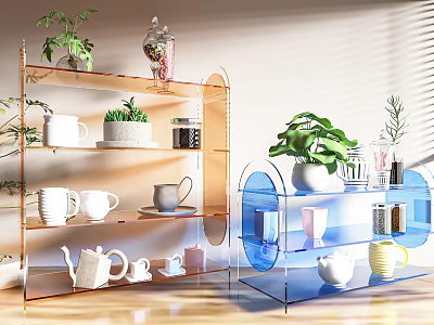 Modern Wooden and Acrylic Shelving Units Displaying Plants Mugs Teapots and Decorative Jars 3d model