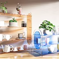 Modern Wooden and Acrylic Shelving Units Displaying Plants Mugs Teapots and Decorative Jars