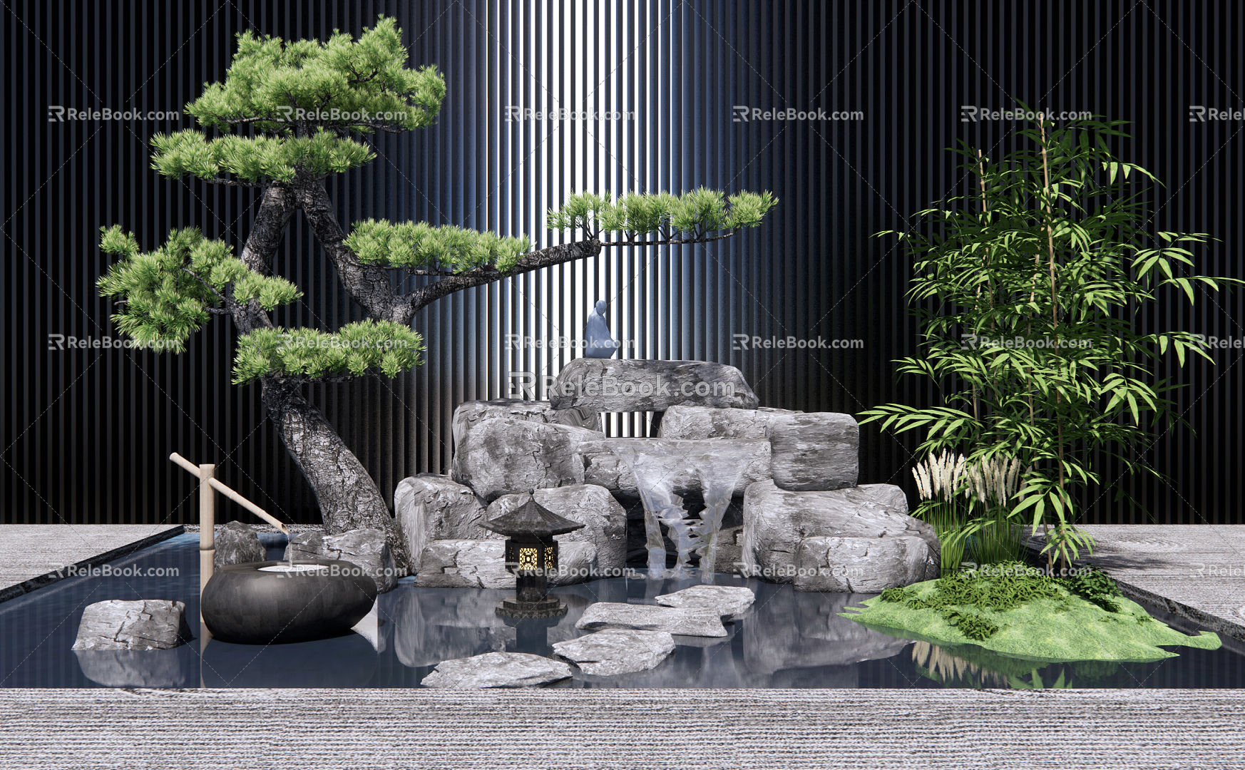 New Chinese style landscape sketch stacking water landscape rockery waterscape stone stone stacking stone pine tree landscape 3d model