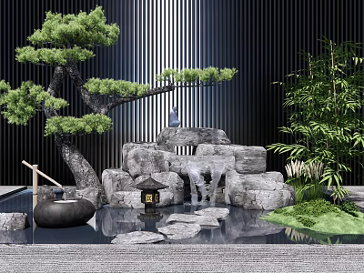 New Chinese style landscape sketch stacking water landscape rockery waterscape stone stacking stone pine tree landscape 3d model