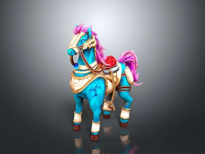 Blue Military Vehicle Horse With Pink Mane Tail Golden Decorations And Red Gemstone Saddle 3d model