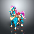 Blue Military Vehicle Horse With Pink Mane Tail Golden Decorations And Red Gemstone Saddle