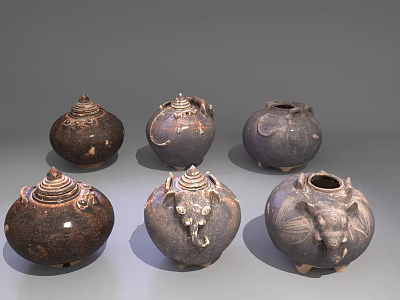 Vintage Style Ceramic Vessels Featuring Animal Head Decorations And Dark Glaze 3d model