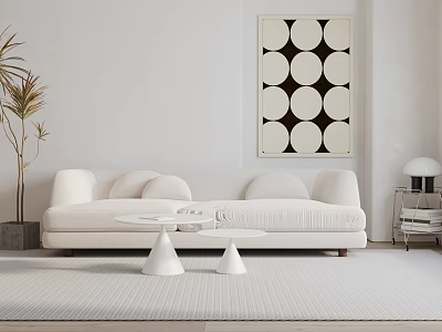 Modern White Sectional Sofa in Living Room with Geometric Wall Art Plant and Round Tables 3d model