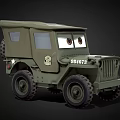 Animated Green Military Jeep Character With Big Eyes And US Army Markings