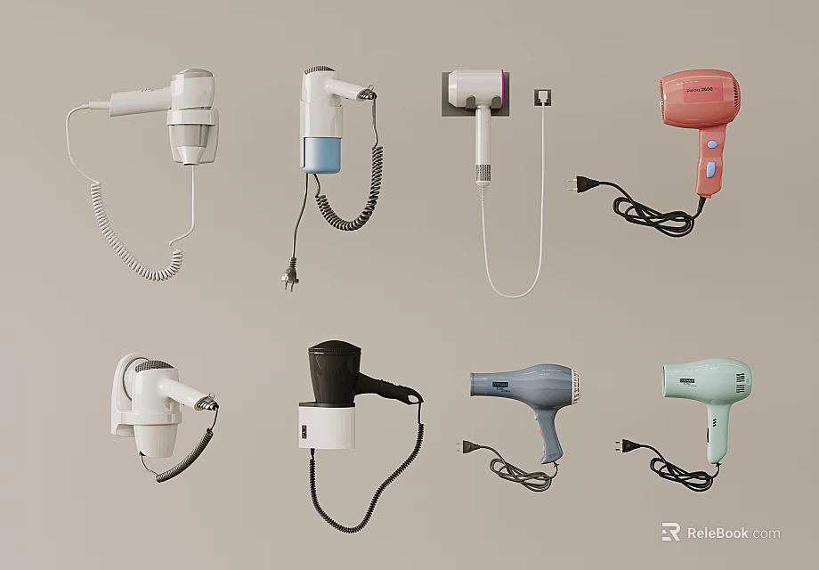 Various Styles Of Daily Use Electrical Hairdryers With Different Colors And Designs 3d model 
