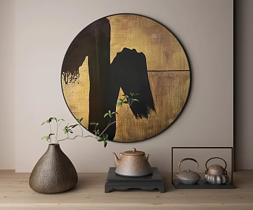 New Chinese Hand-painted Round Background Wall Porch Decorative Painting Tea Set Green Plant Ornaments 3d model