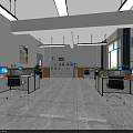 Public Office Space with Office Desks Computers Windows Blue Curtains Green Plants and Lockers