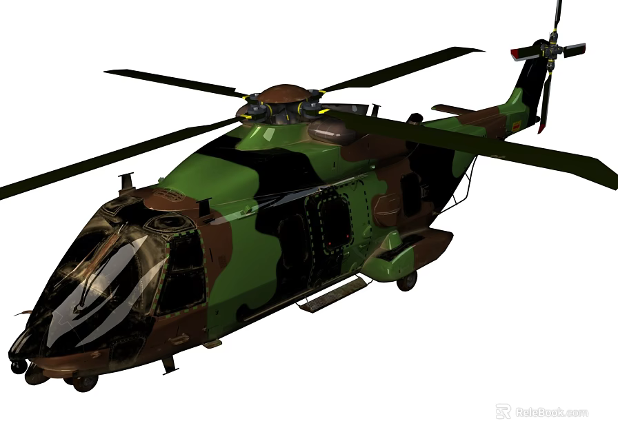 Military Helicopter Featuring Camouflage Paint Scheme Rotor Blades And Fuselage Design 3d model 