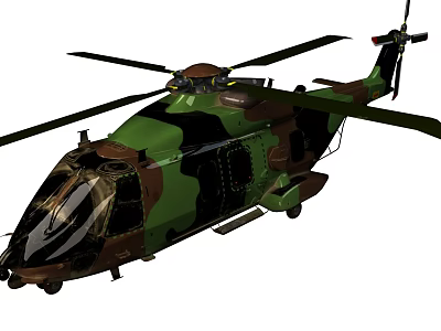 Military Helicopter Featuring Camouflage Paint Scheme Rotor Blades And Fuselage Design 3d model