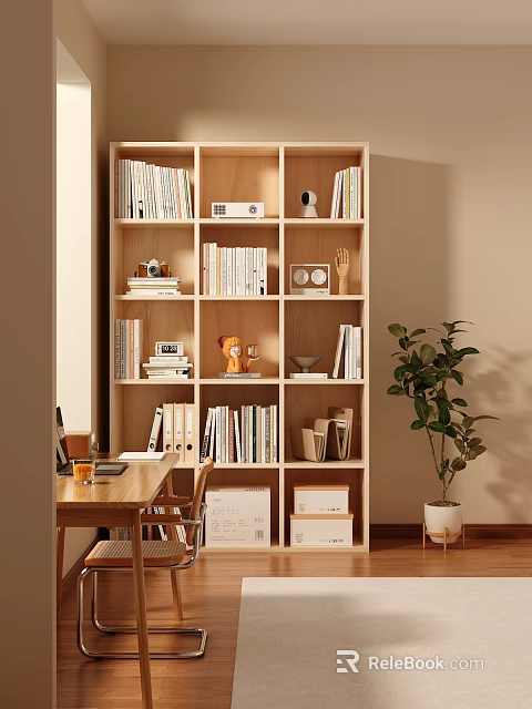 Wooden Bookshelf In Home Office With Organized Books Decorative Items And Potted Plant 3d model 