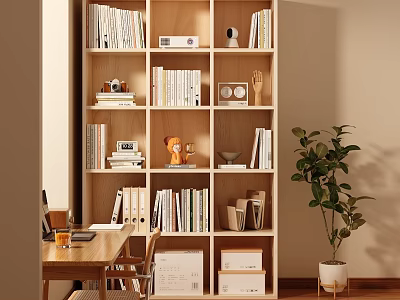 Wooden Bookshelf In Home Office With Organized Books Decorative Items And Potted Plant 3d model