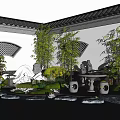 Traditional Chinese Courtyard Rockery Stones with Flowing Water Green Plants Bamboo and Stone Table