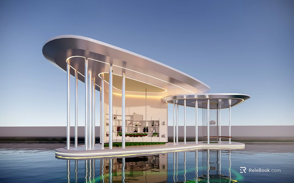 Elegant Modern Pergola With Curved Roof White Columns And Water Reflection 3d model 