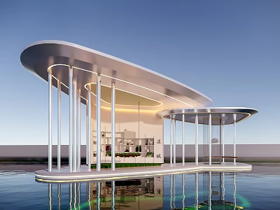 Elegant Modern Pergola With Curved Roof White Columns And Water Reflection 3d model