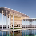 Elegant Modern Pergola With Curved Roof White Columns And Water Reflection