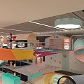 Modern Vibrant Indoor Playground With Colorful Arches Green Plants And Seating Benches