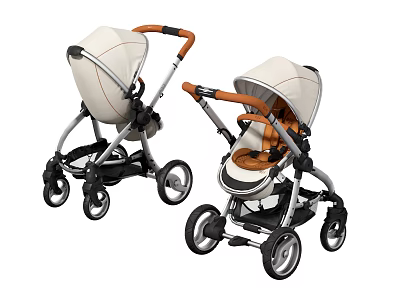 Baby Strollers With Beige And Brown Design Metal Frame Comfortable Seats Adjustable Handles 3d model