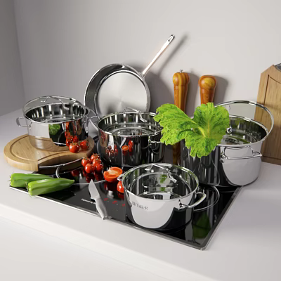 Stainless Steel Cookware Set With Multiple Pots Fresh Vegetables And Wooden Cutting Board 3d model