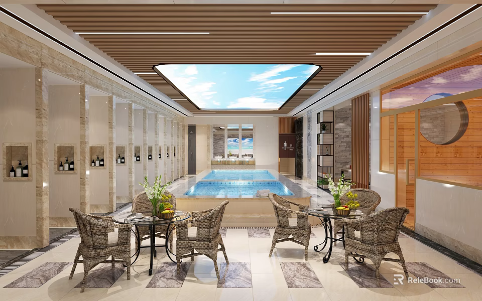 Modern Indoor Swimming Pool With Glass Skylight Seating Area And Green Plants 3d model 